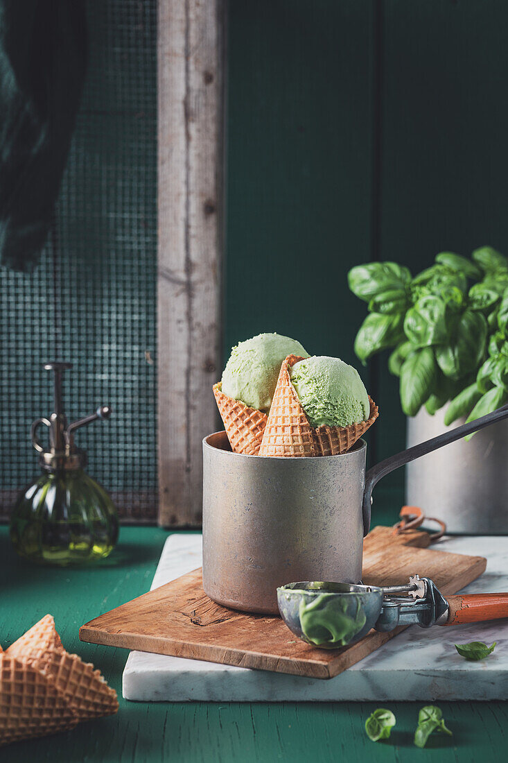Basil ice cream cones