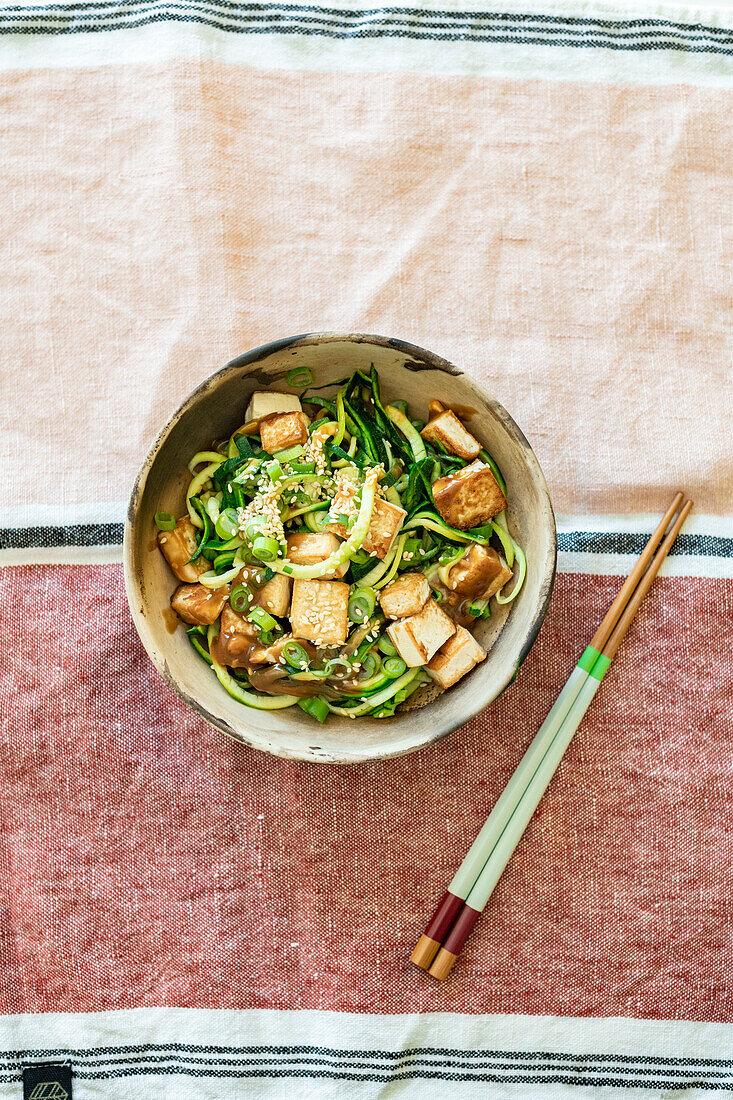 Crispy Tofu and Zucchini Noodles with Tahini and Soy Dressing