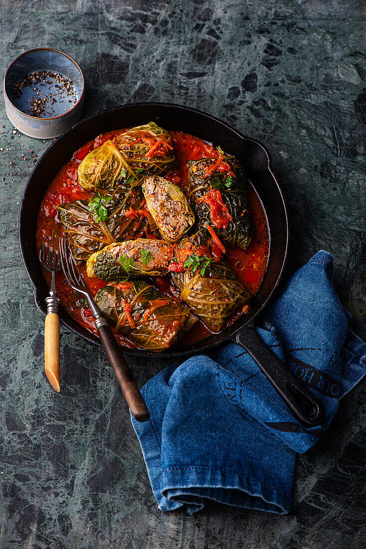 Savoy cabbage roulades in a delicious tomato sauce