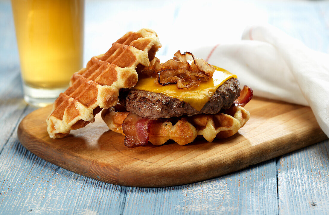 Waffle burger with bacon