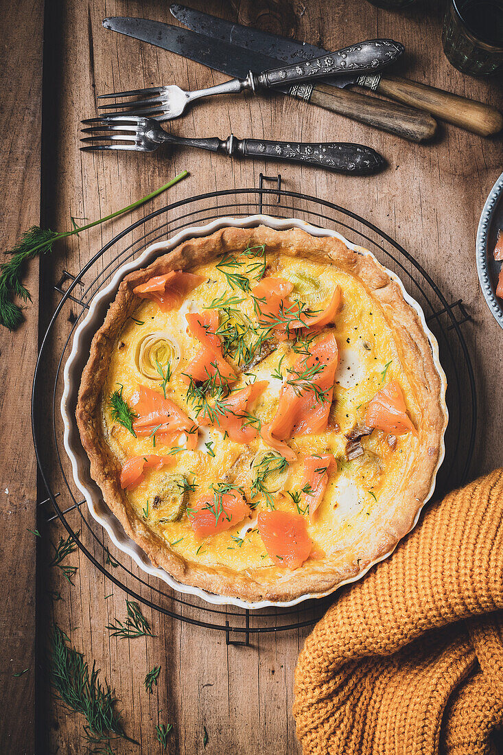 Leek and salmon tart with dill
