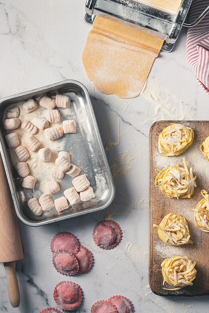 Homemade gnocchi, pasta nests and beet girasoli