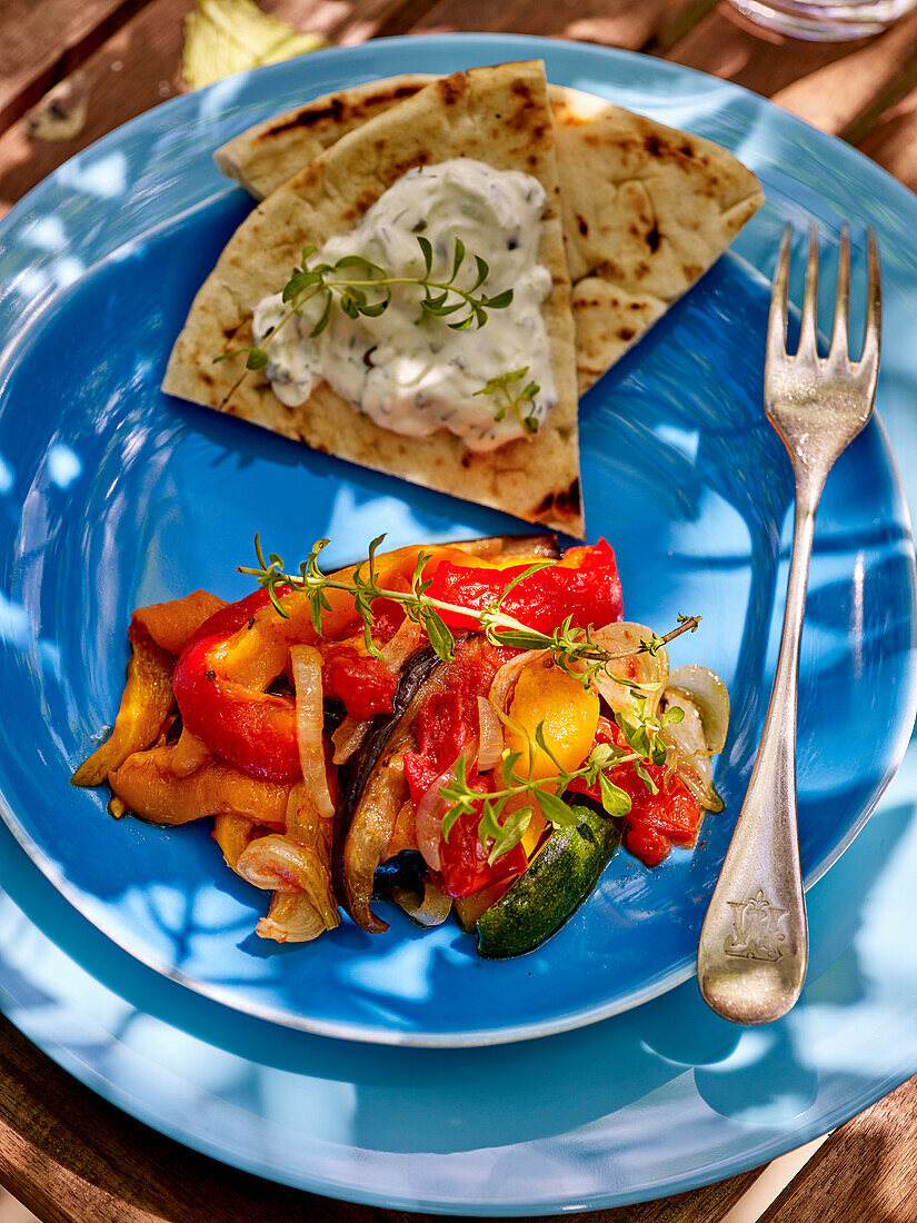 Ratatouille with pita bread and tzatziki