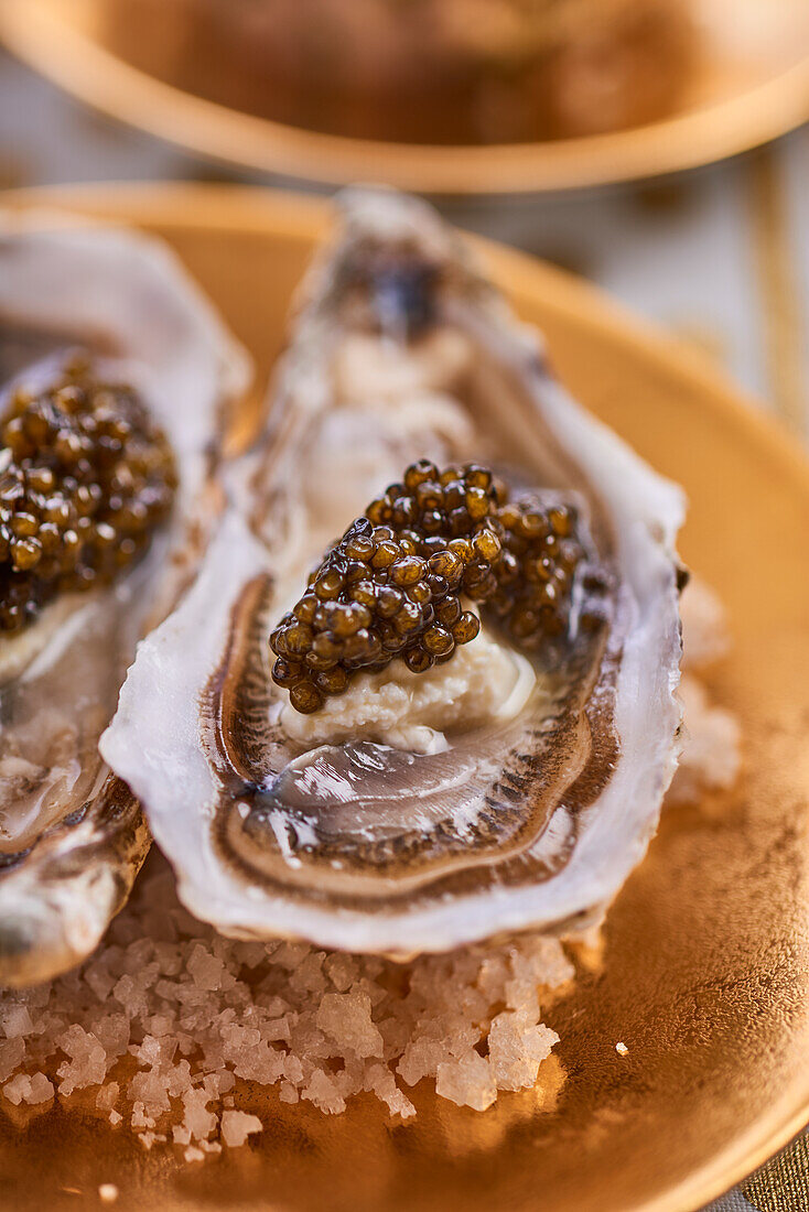 Austern mit Kaviar und Sahnemeerrettich (Close up)