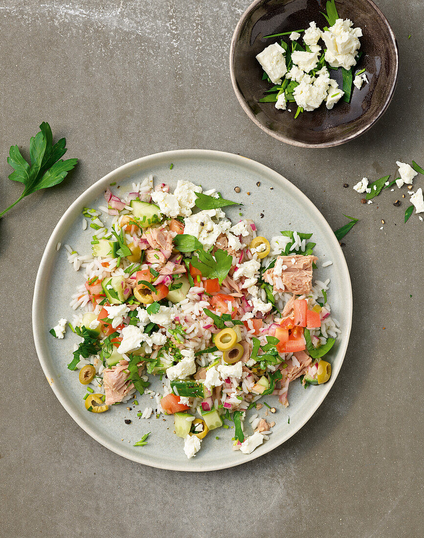Greek salad with tuna, rice, and feta