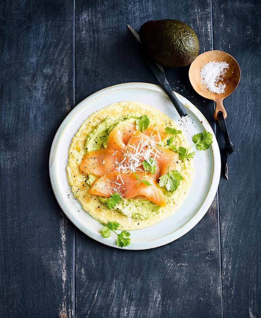 Omelette with avocado and salmon