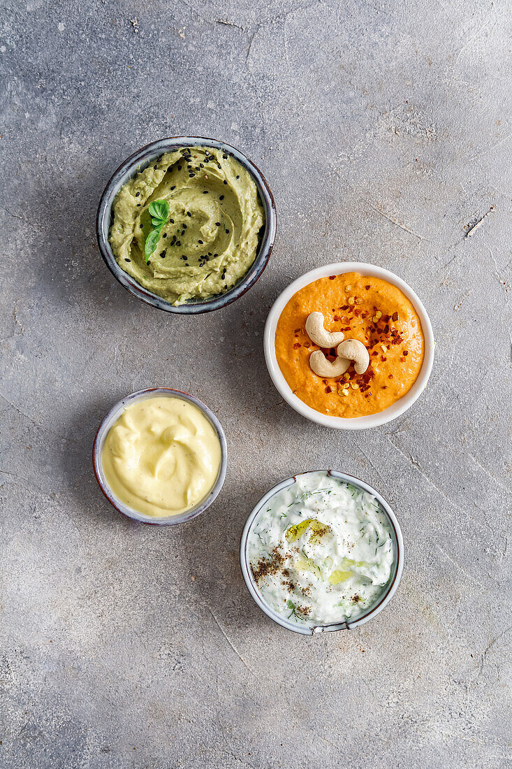 Vegan dips - mayo, paprika cream, avocado tahini dip, tzatziki dip