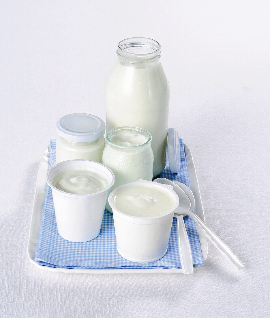 Naturjoghurt in Bechern und Gläsern