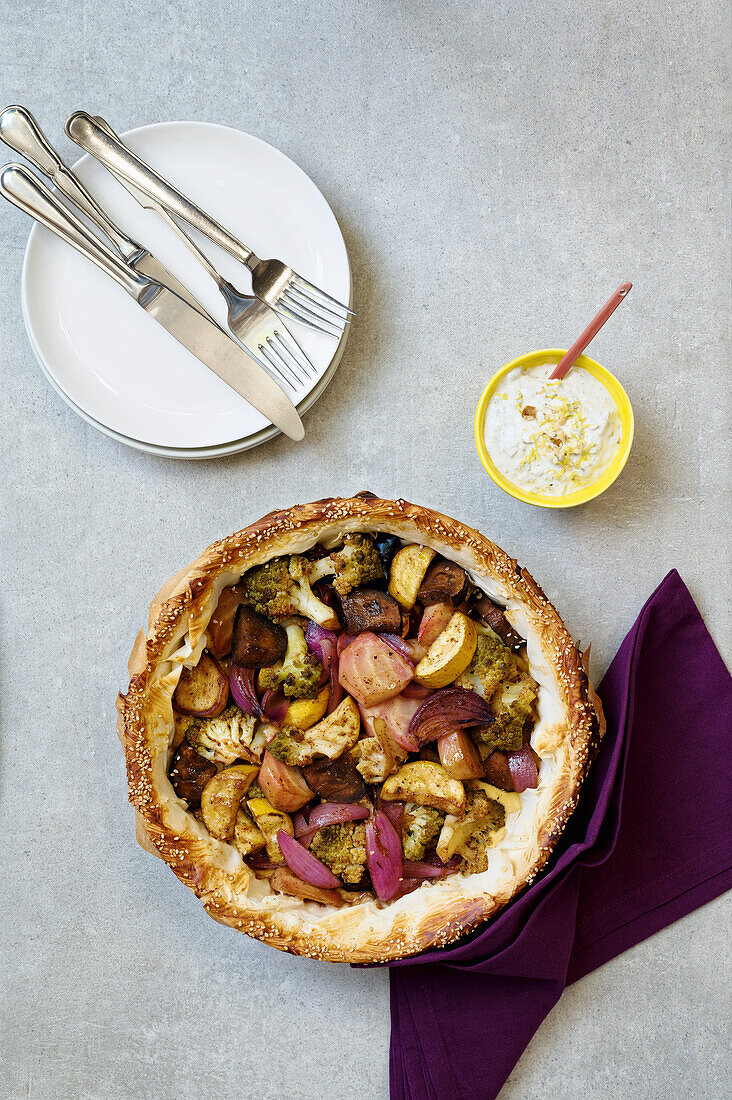 Grilled vegetable tart with caper-chive cream