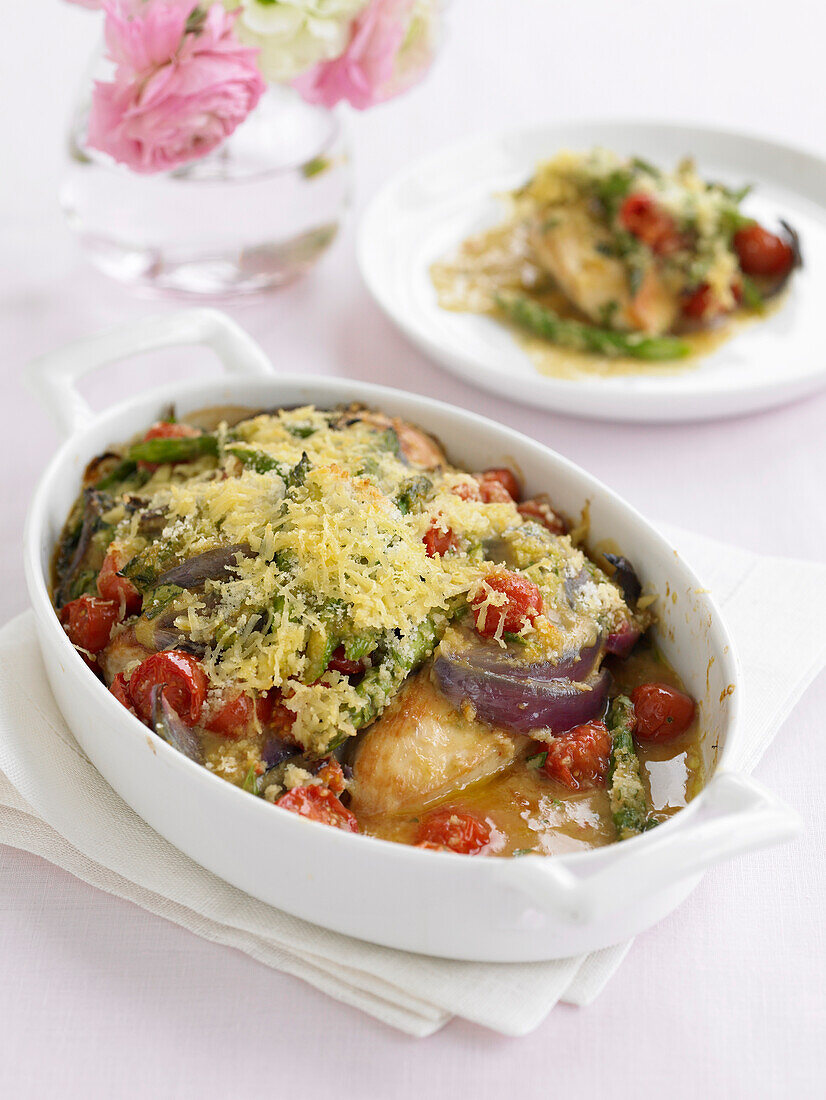 Creamy chicken casserole with vegetables and tarragon
