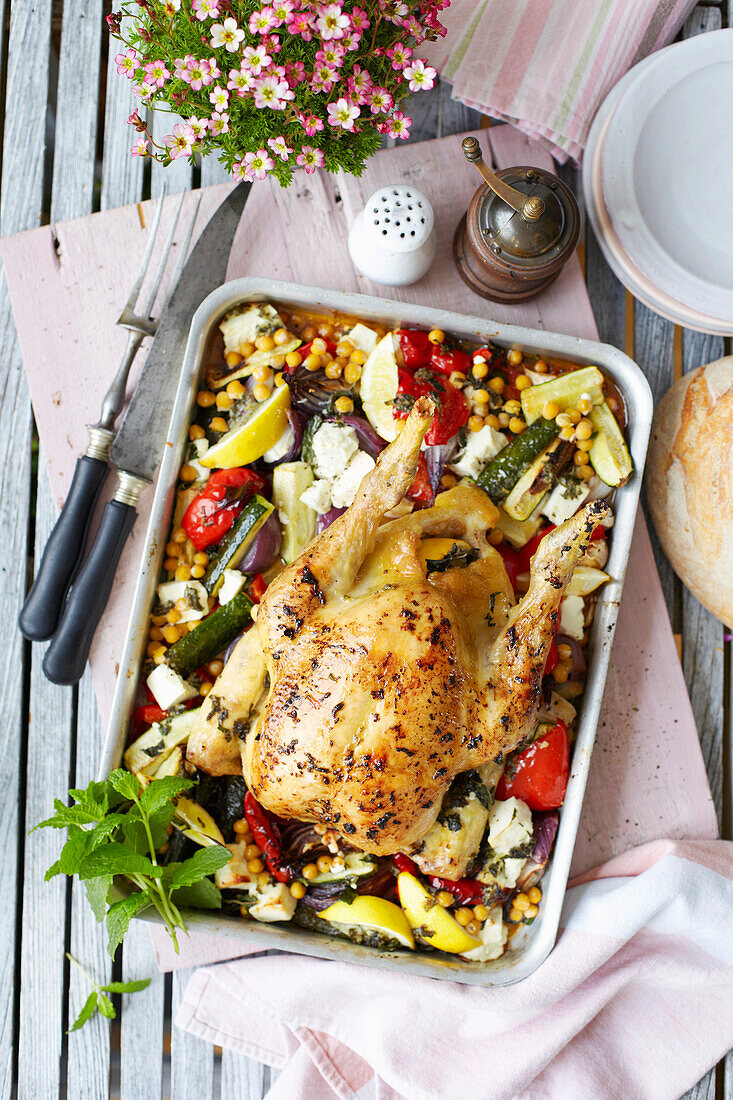 Roasted chicken with chickpeas, peppers, and feta