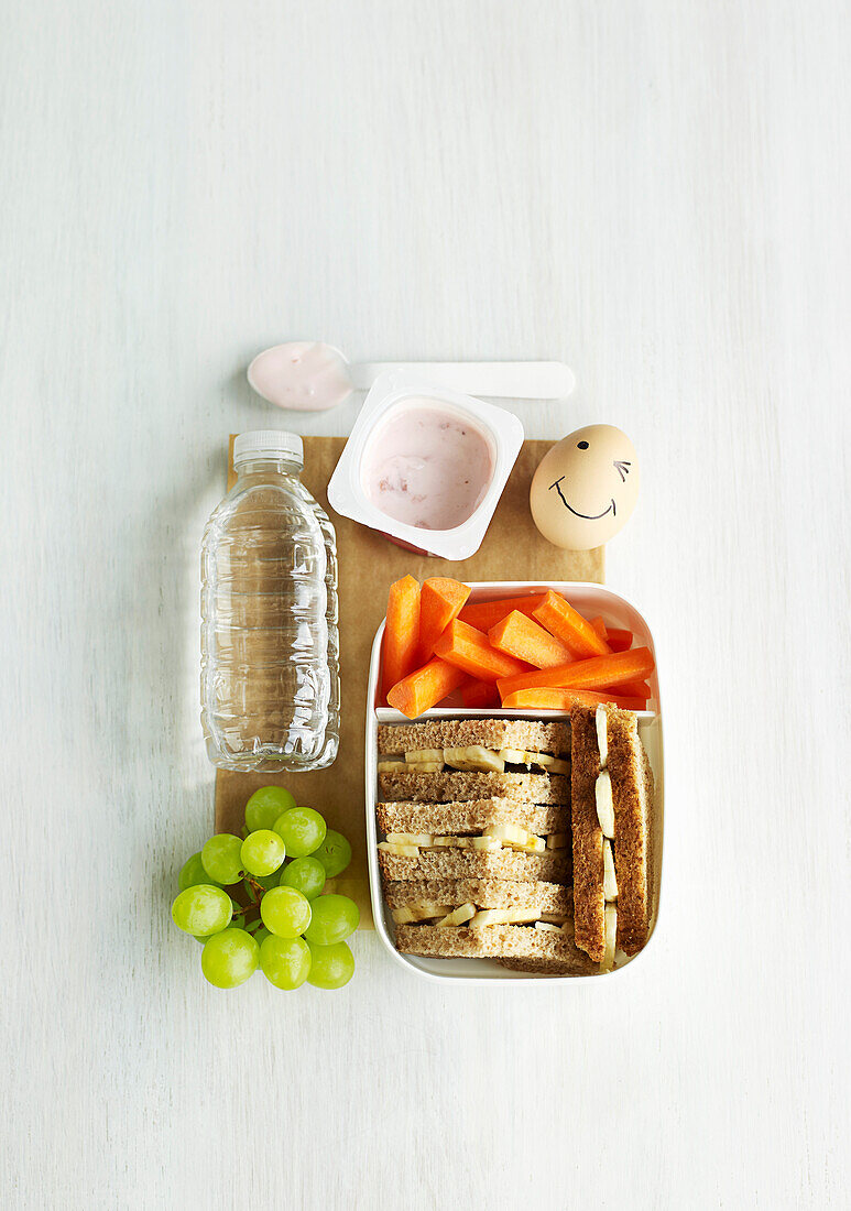 Lunchbox for children with fruit yogurt, egg, sandwiches, carrots, grapes and mineral water