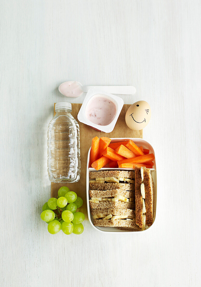 Lunchbox für Kinder mit Fruchtjoghurt, Ei, Sandwiches, Karotten, Weintrauben und Mineralwasser