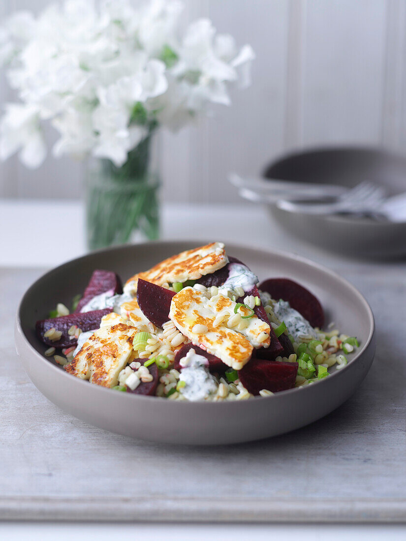 Grain Salad with beet, halloumi, and herb yogurt dressing