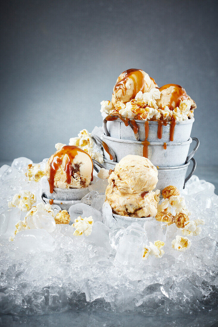 Popcorn ice cream with salted caramel sauce