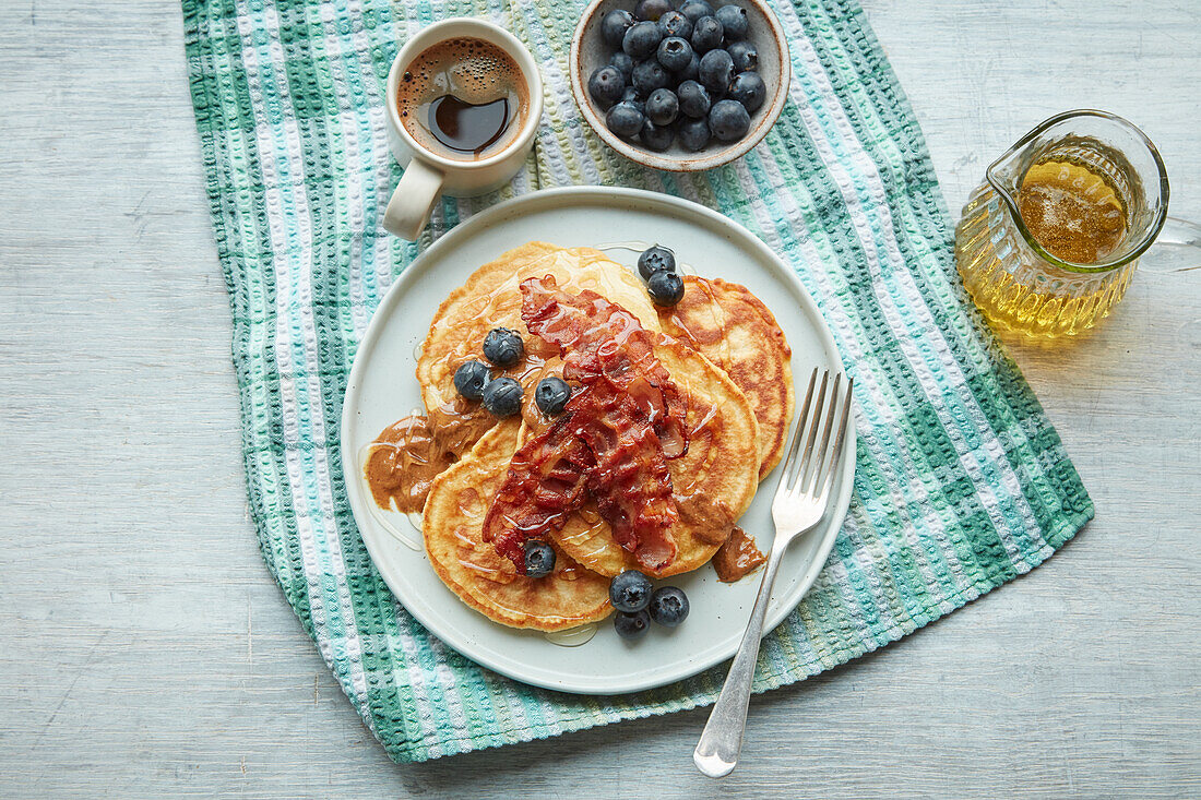 Keto pancakes with bacon and blueberries