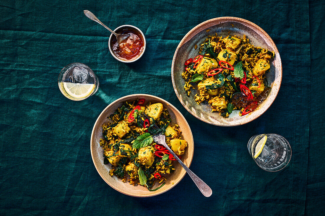Spiced spinach and potato pilaf with turmeric