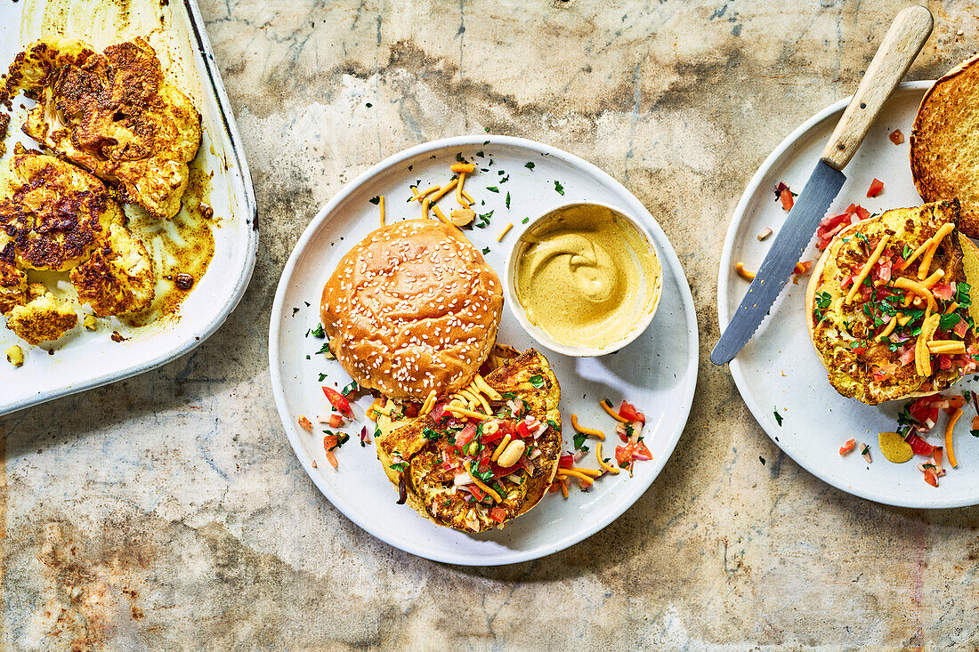 Cauliflower and curried mayo burgers