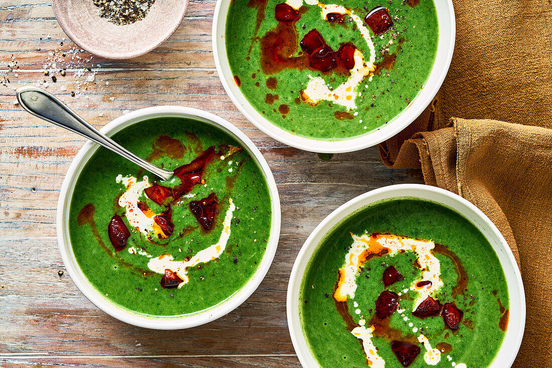 Green soup with crispy chorizo