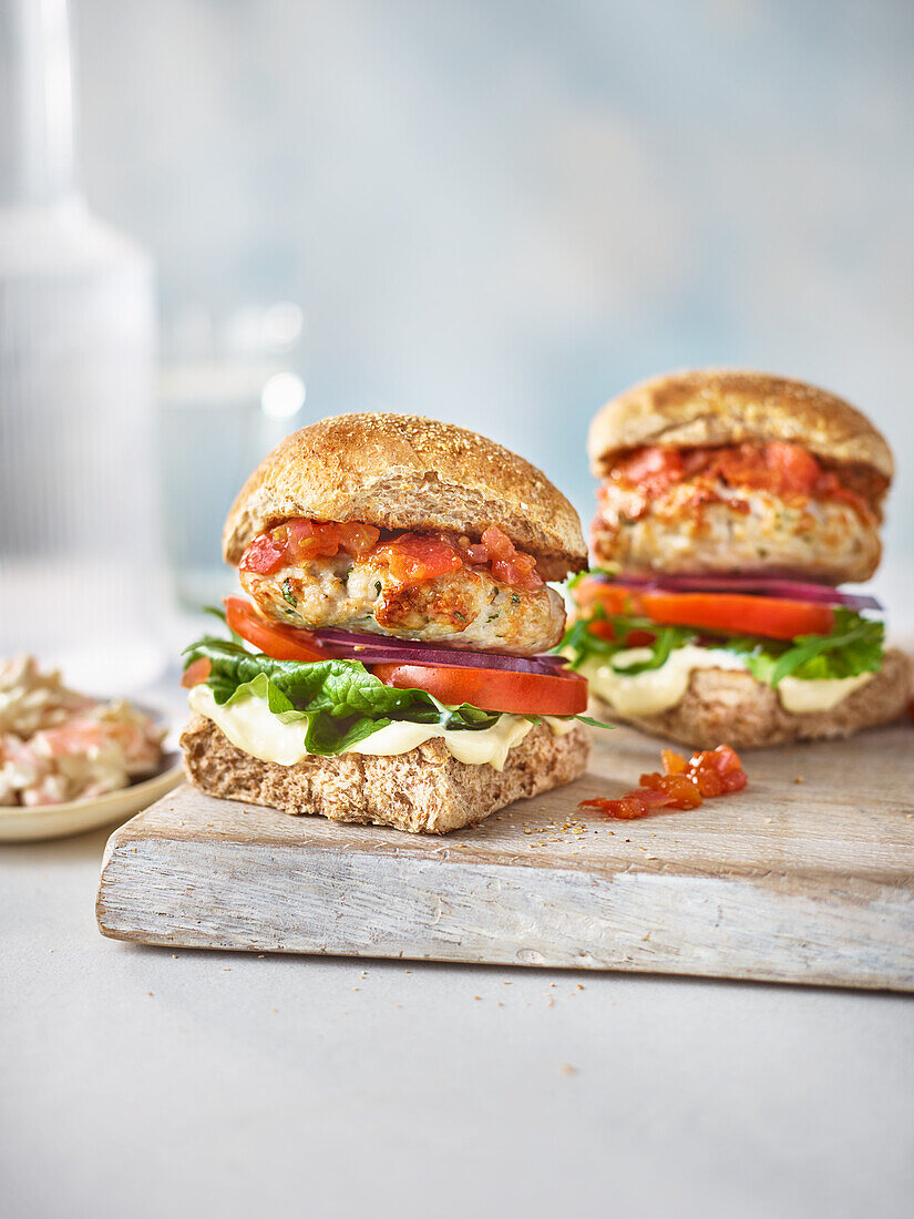 Turkey burger with cheese and tomato salsa