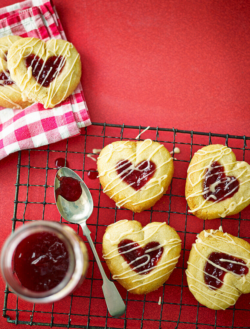 Heart shaped thumbprint cookies with icing