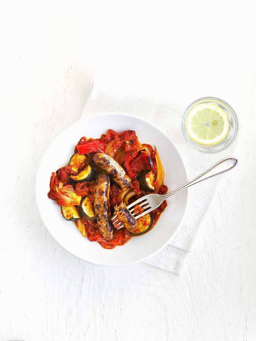 Ratatouille with sausages from the oven