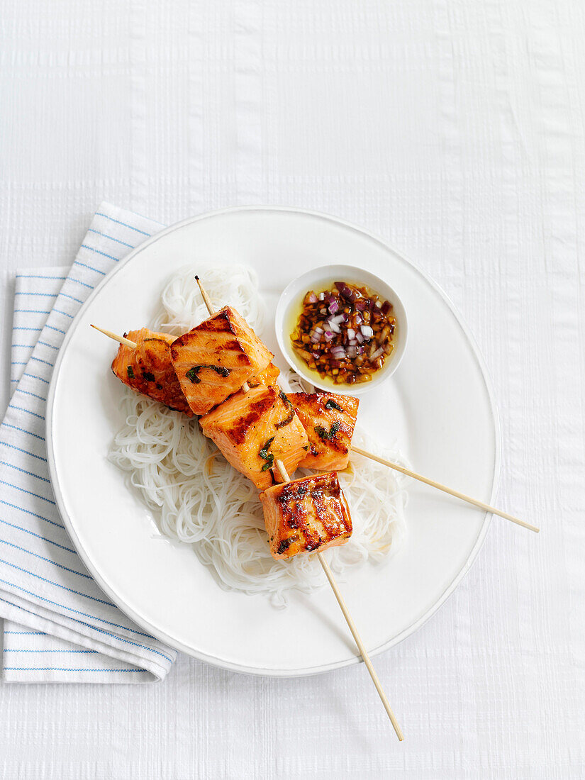 Grilled salmon skewers with lime-ginger-tamarind dip