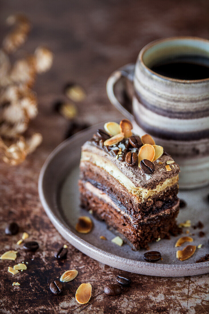 Layered chocolate cake with coffee