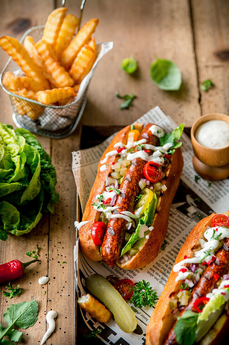 Homemade hot dog served with fries and garlic sauce