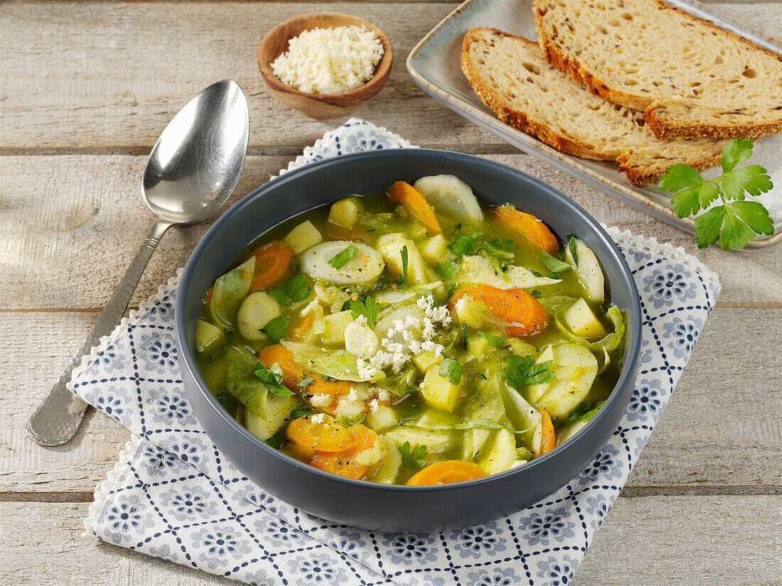 Green parsley root stew with apple, Brussels sprouts, and carrots