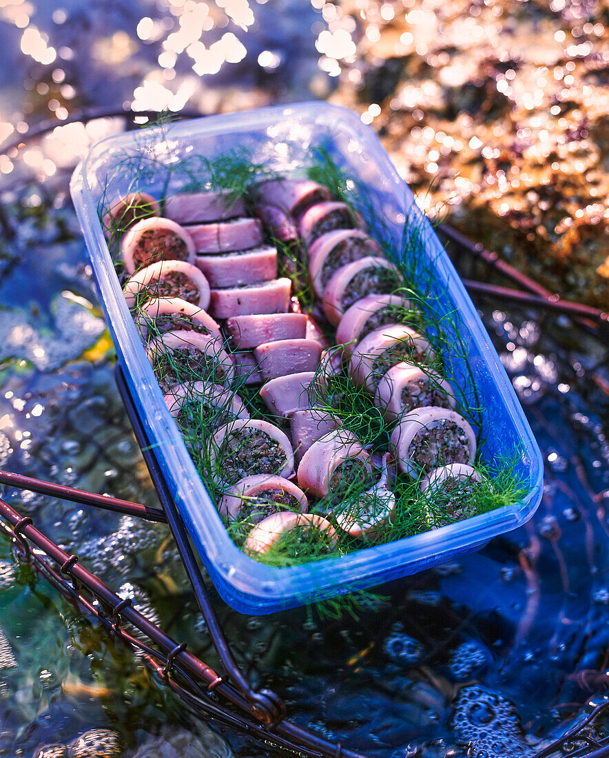 Stuffed calamari in a plastic food storage container