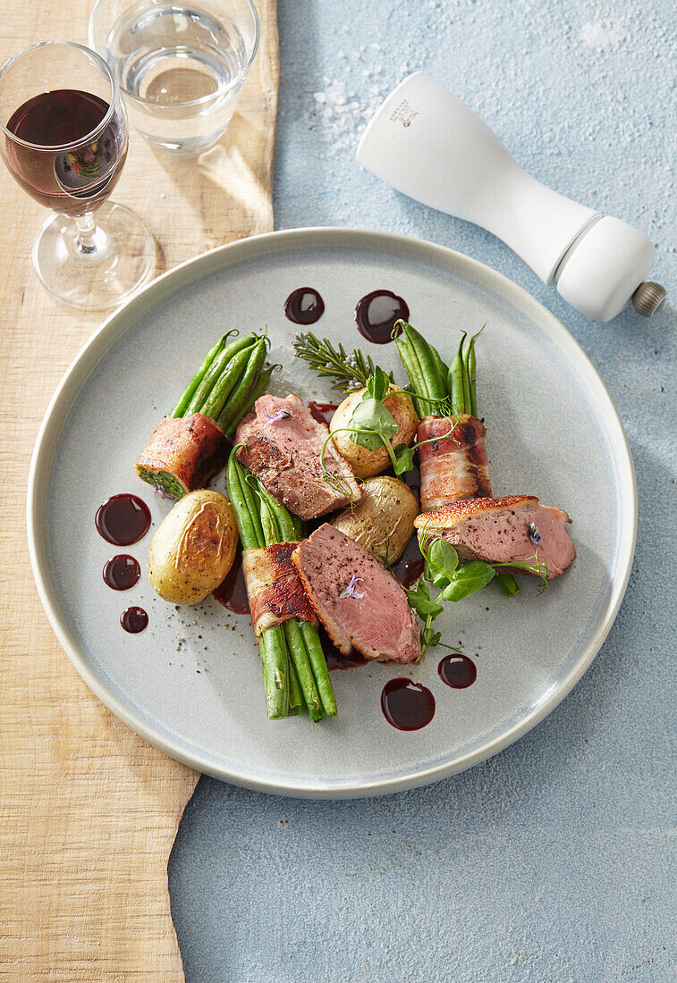 Sous vide honey duck breast with green beans and potatoes