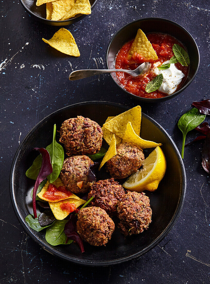 Zucchini falafels and Mexican salsa