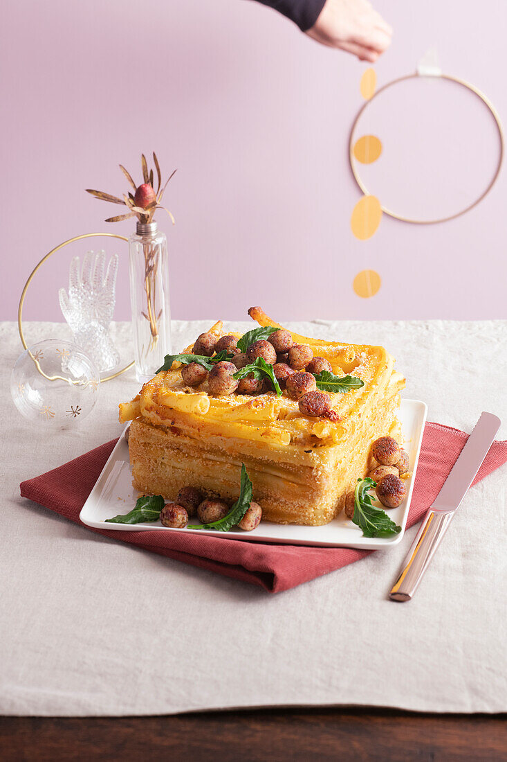 Ziti-Nudeln mit gelber Dattelsauce und Fleischbällchen