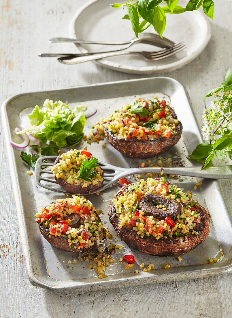 Portobello mushrooms stuffed with bulgur filling