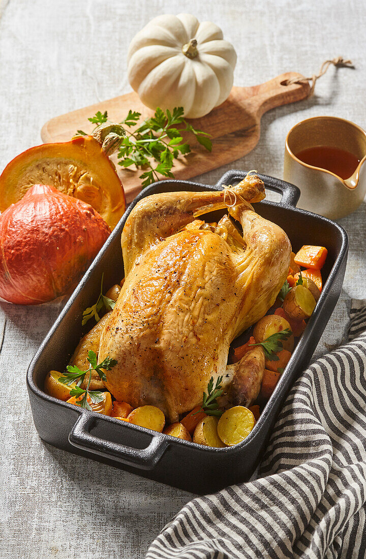 Roasted chicken stuffed with pumpkin