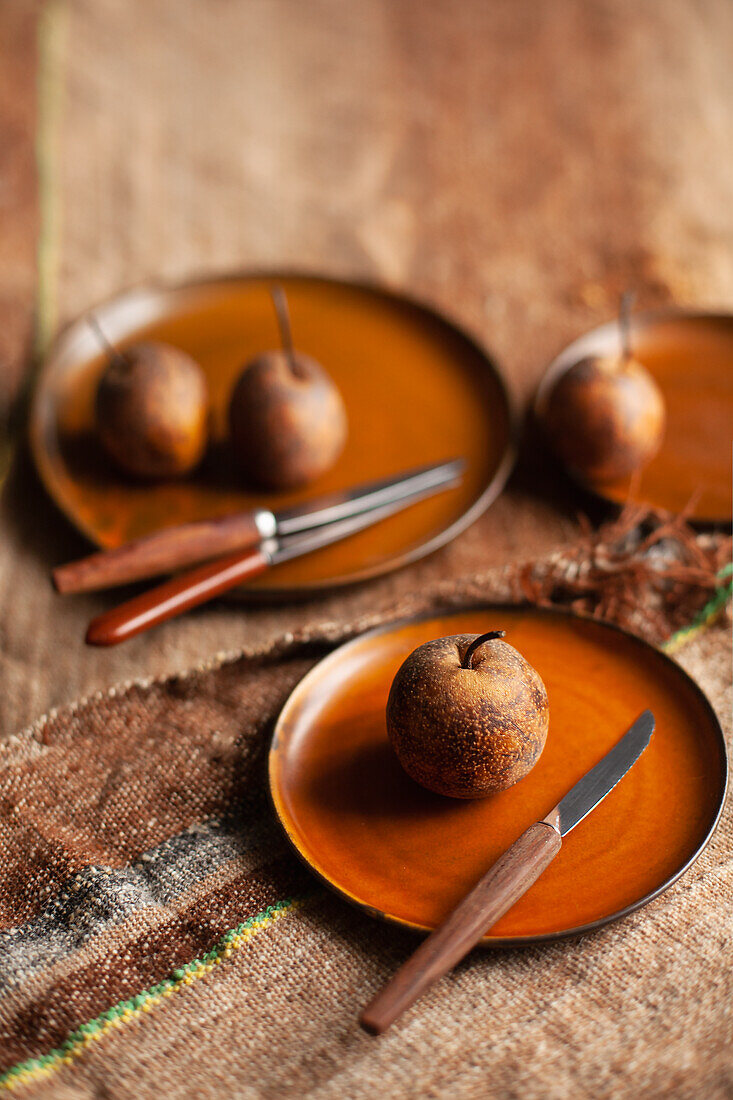 Nashi pears on ceramic plates