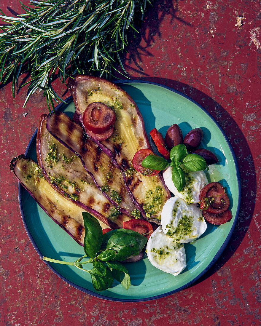 Grilled eggplant with mozzarella and basil