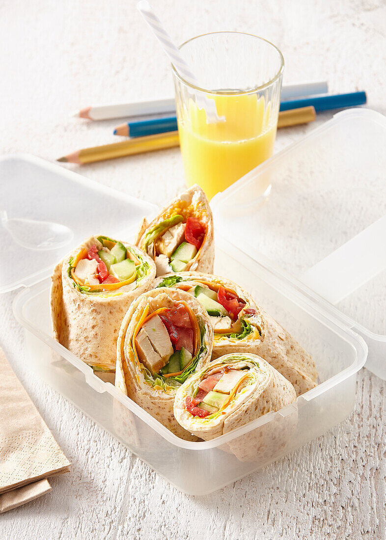 Chicken tortilla wraps in lunch box