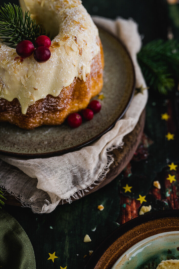 Christmas cake with cranberries and icing