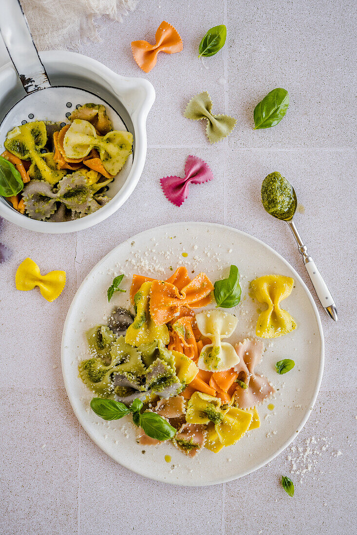 tri color farfalle with pesto