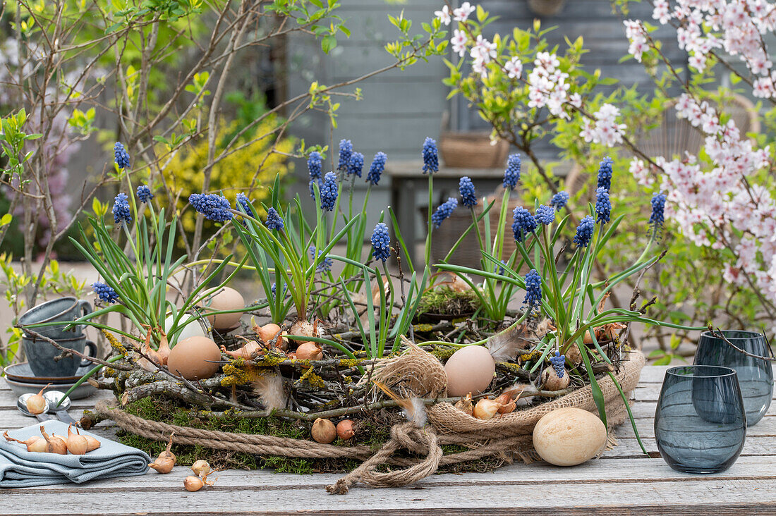 Osterkranz mit Ostereier und Traubenhyazinthen (Muscari) und Zwiebeln