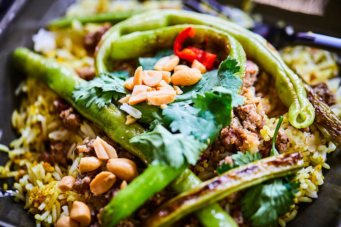 Fried rice with ground beef, green beans and peanuts