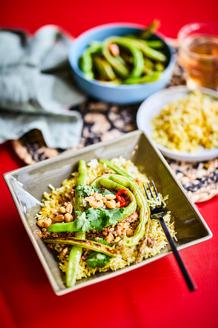 Fried rice with ground beef, green beans and peanuts