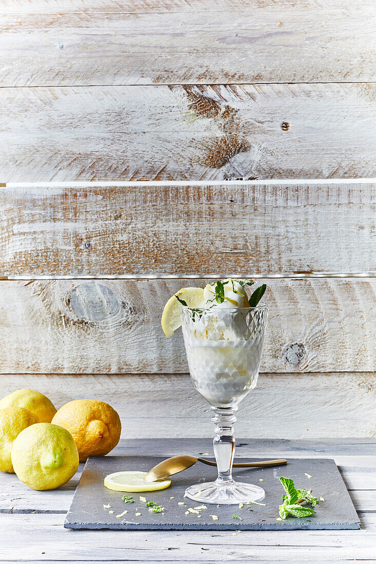 Lemon Sorbet Scoops in Tall Glass