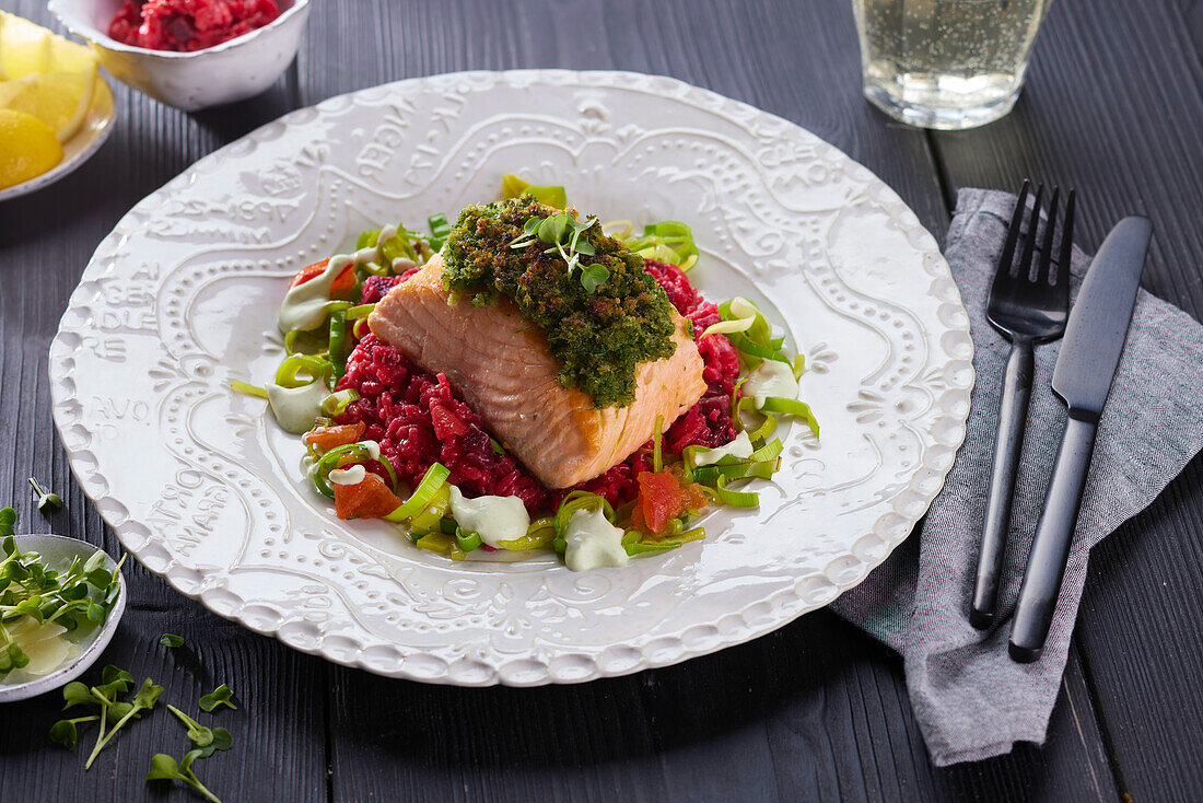 Salmon with beet risotto
