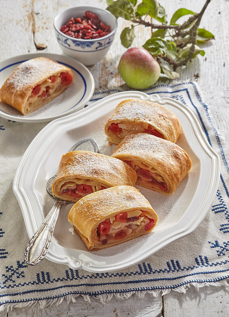 Apple strudel with dried cherries and cranberries