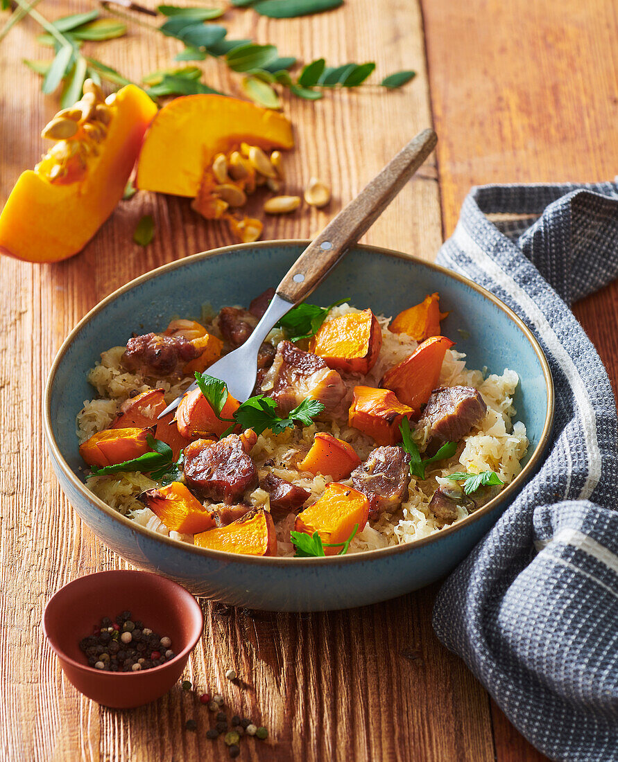 Roasted pumpkin with pork and braised cabbage