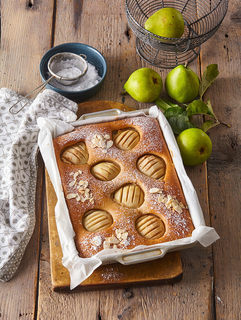 Sheet cake with pears