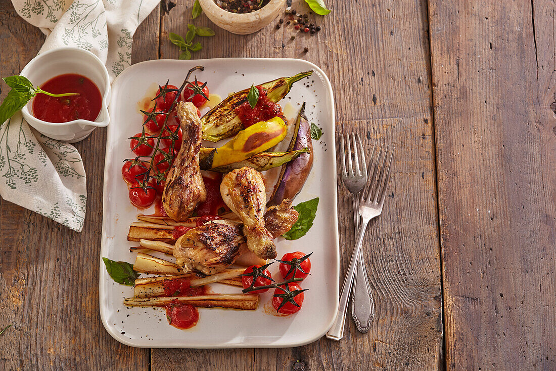 Roasted mustard chicken with parsnips and eggplant